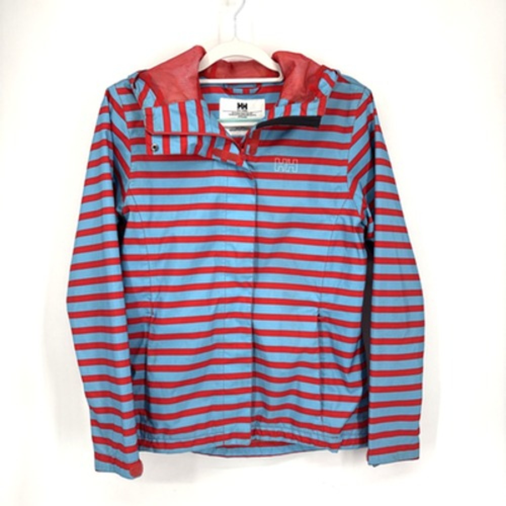 Helly Hansen Nine K Rain Coat Jacket Medium Blue Red Striped Hooded Waterproof